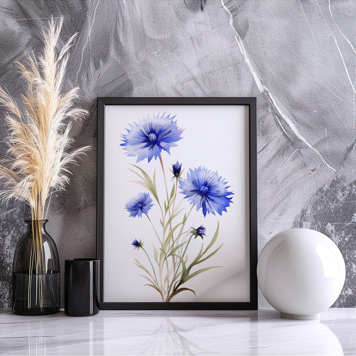 Blue Cornflower Stem Bouquet Watercolor Botanical Art Poster