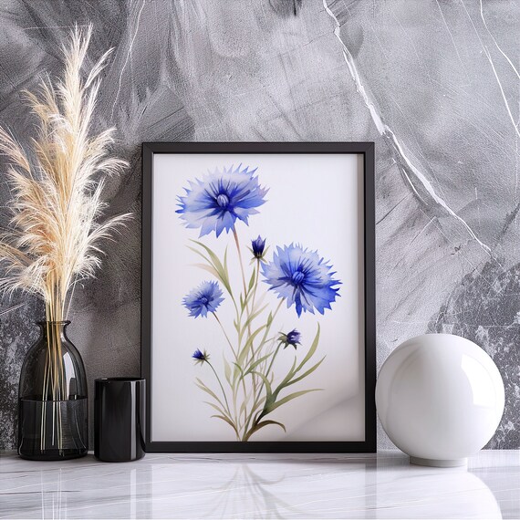 Blue Cornflower Stem Bouquet Watercolor Botanical Art Poster