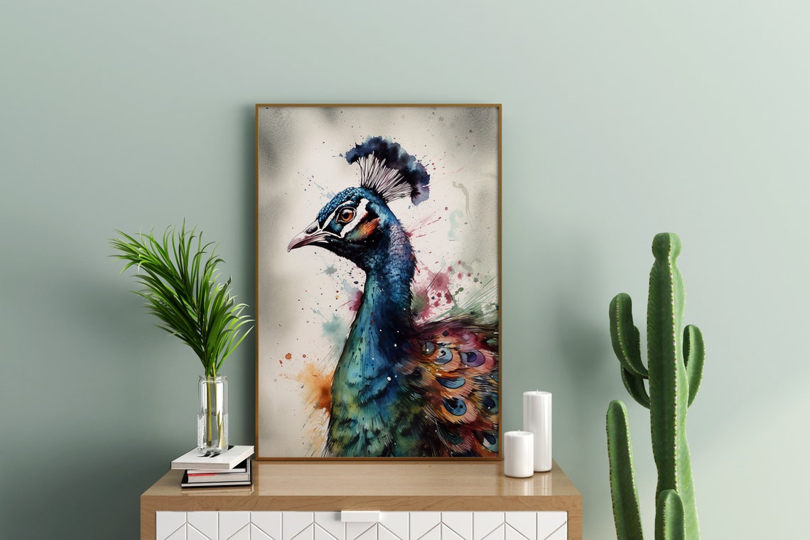 Peacock Portrait Watercolor Iridescent Blue Bird Splash Poster - Image 4