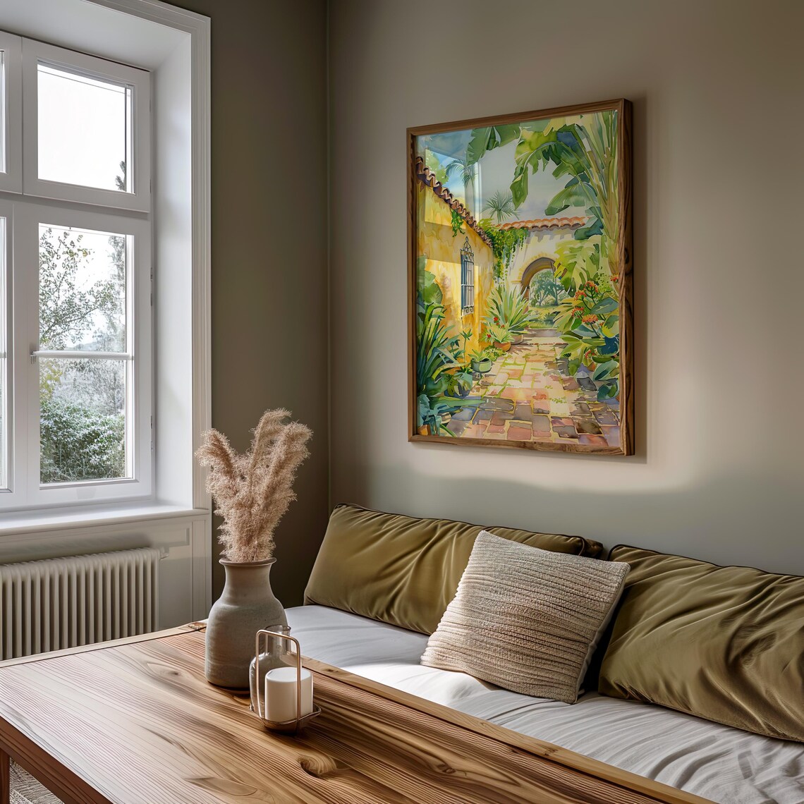 Sunlit Spanish Courtyard Garden Watercolor Tropical Art Poster - Image 5