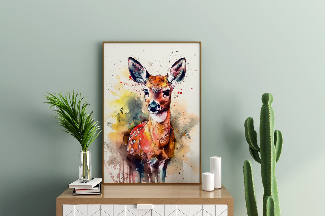 Baby Deer Fawn Watercolor Portrait Cute Wildlife Splash Poster - Image 4
