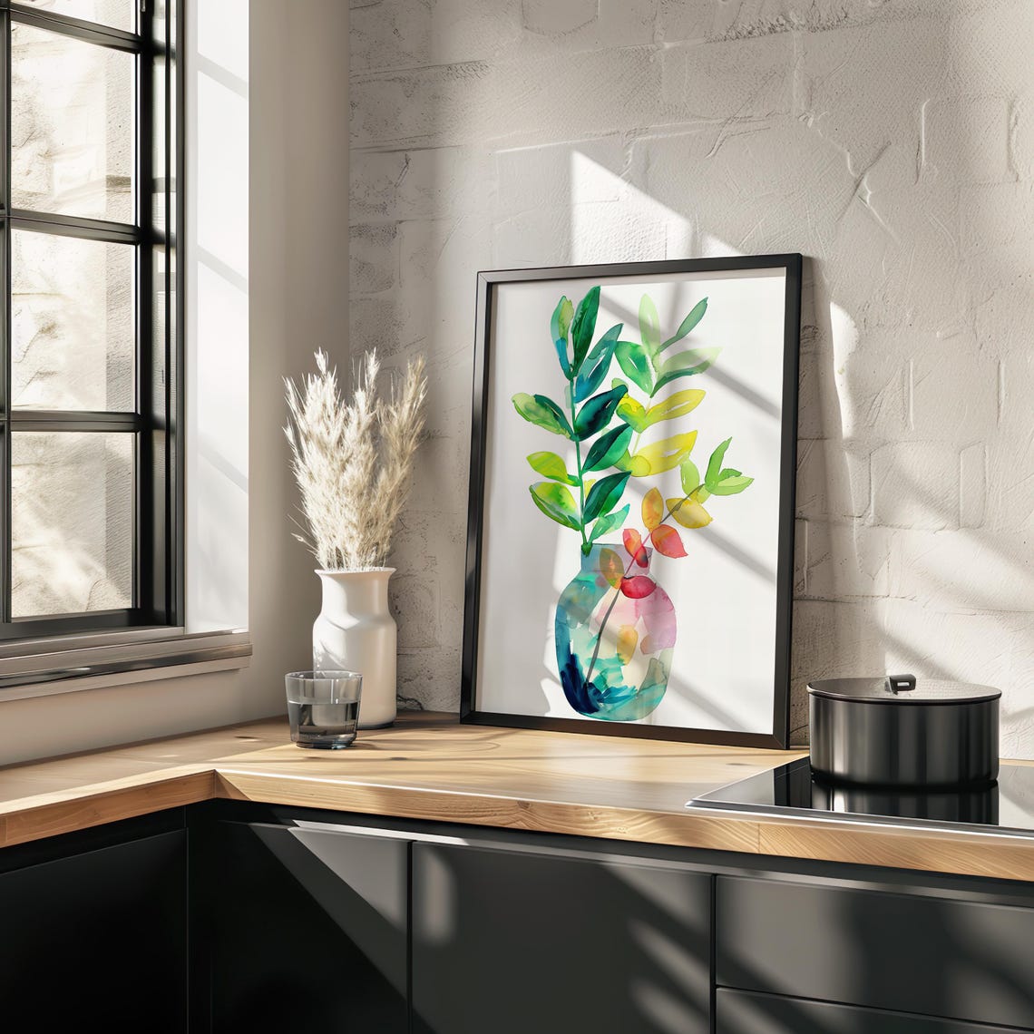 Colorful Garden Leaves in Glass Vase Watercolor Still Life Poster - Image 2