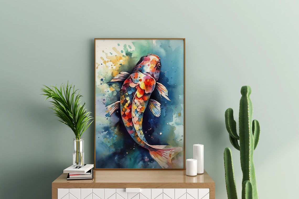 Rainbow Koi Fish Colorful Watercolor Art Teal Blue Pond Fish Poster - Image 3