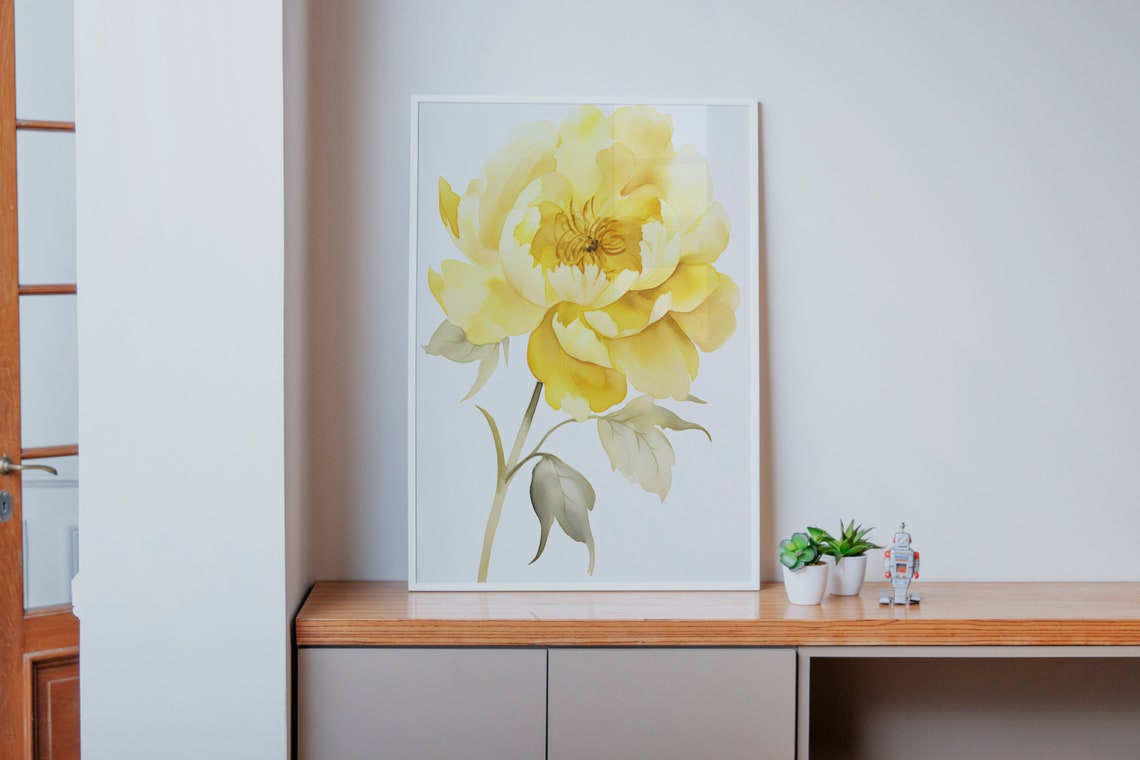 Yellow Peony Single Bloom Bright Watercolor Cheerful Floral Poster - Image 2