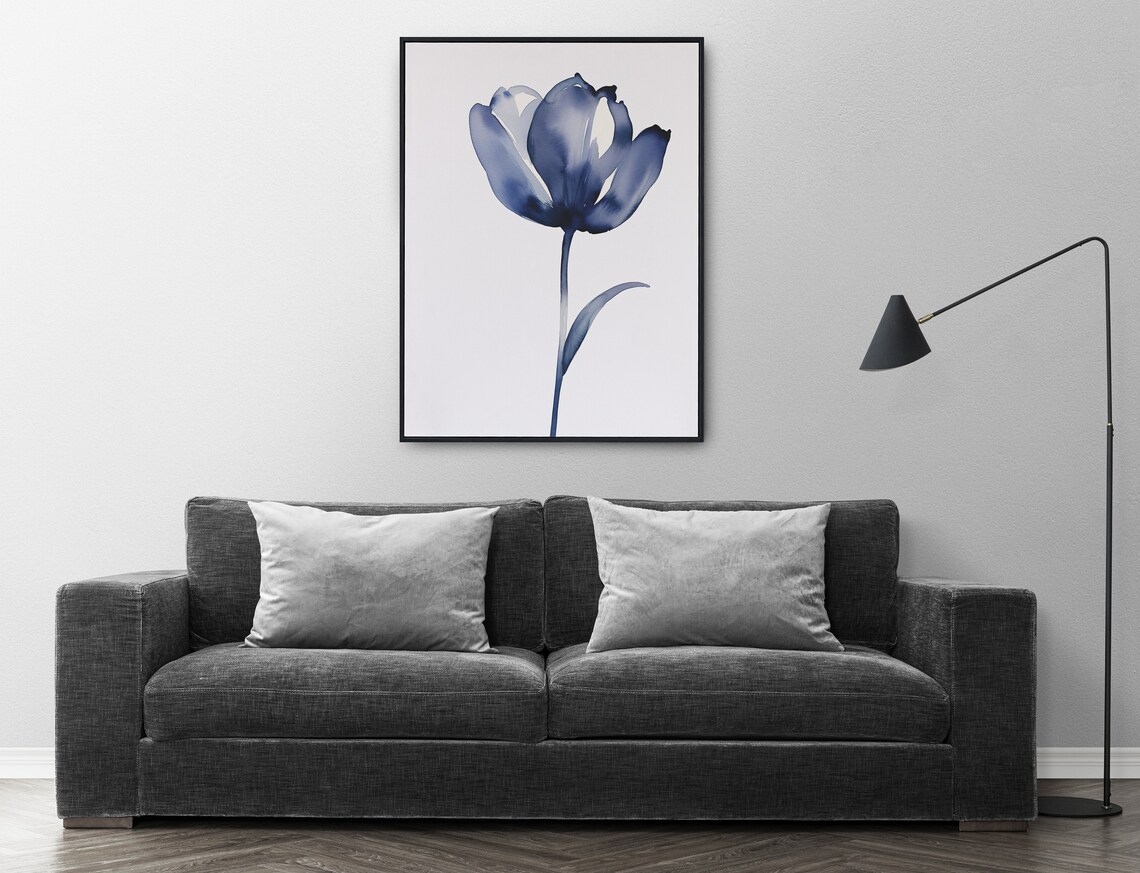 Blue Tulip Watercolor Single Stem Flower Minimalist Botanical Art Poster - Image 3