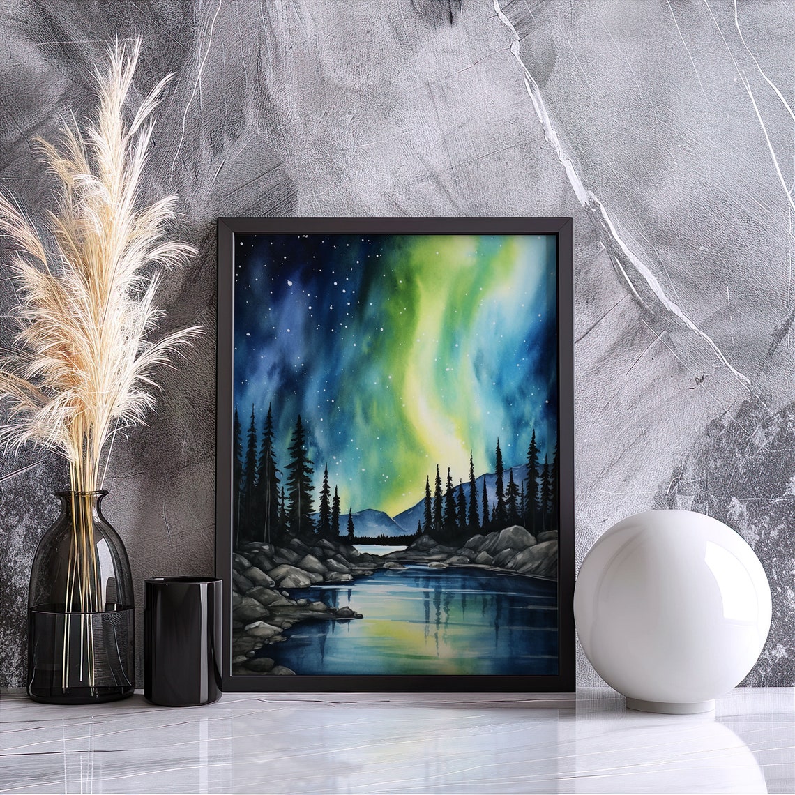 Northern Lights Aurora Pine Forest Lake Watercolor Night Sky Poster - Image 4