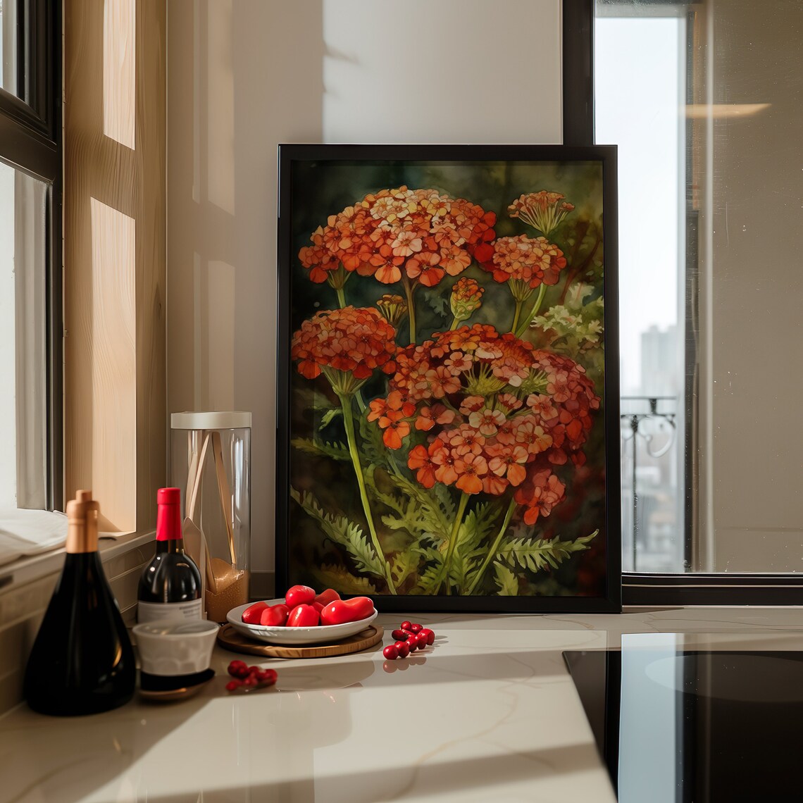 Orange Yarrow Flowers Watercolor Bold Floral Botanical Art Poster - Image 4