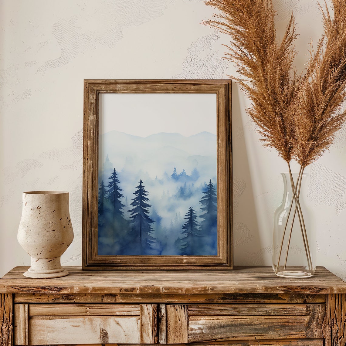 Blue Misty Pine Forest Watercolor Layered Mountain Landscape Poster - Image 3