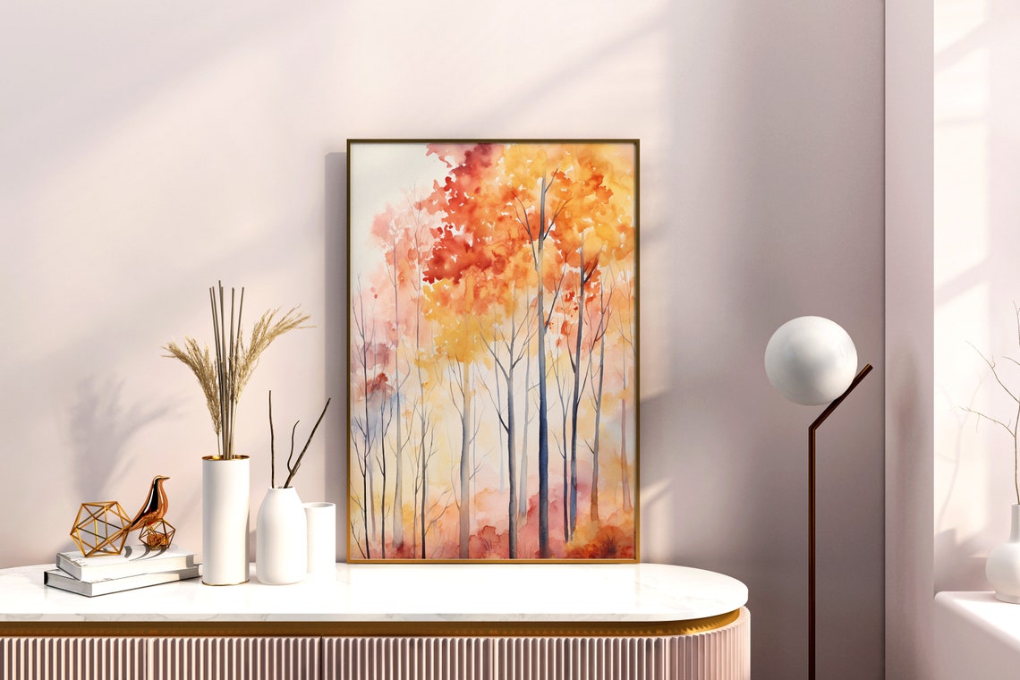 Tall Autumn Trees Red Yellow Foliage Misty Watercolor Poster - Image 3