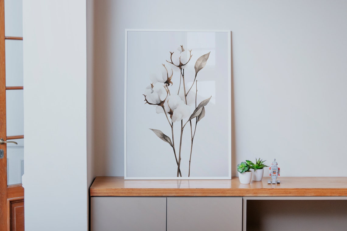 White Cotton Branches Soft Neutral Botanical Watercolor Poster - Image 3