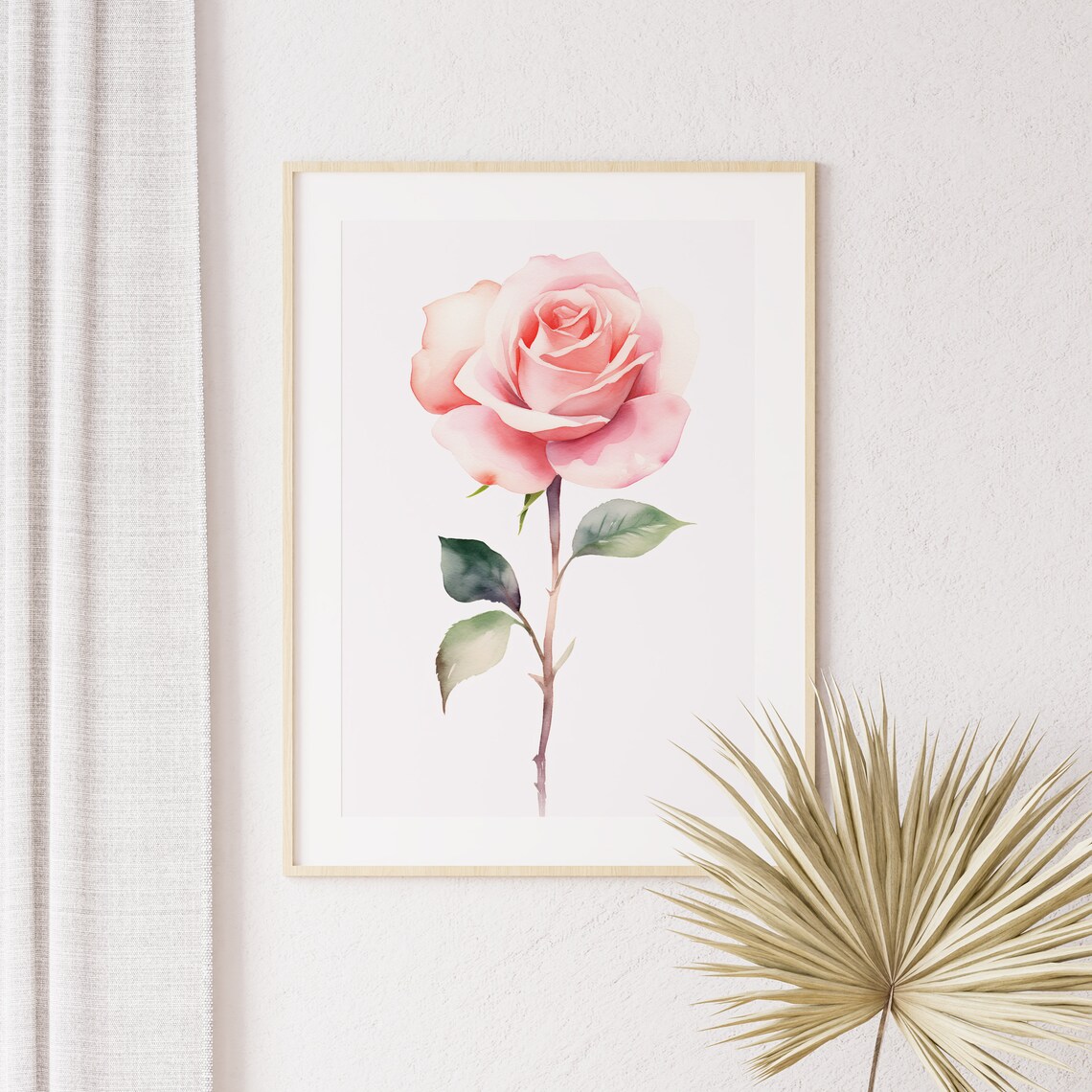 Pink Rose Watercolor Single Long Stem Blossom Romantic Floral Art Poster - Image 5
