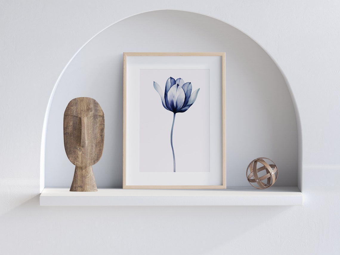 Navy Blue Tulip Watercolor Dark Bloom Single Stem Botanical Art Poster - Image 3
