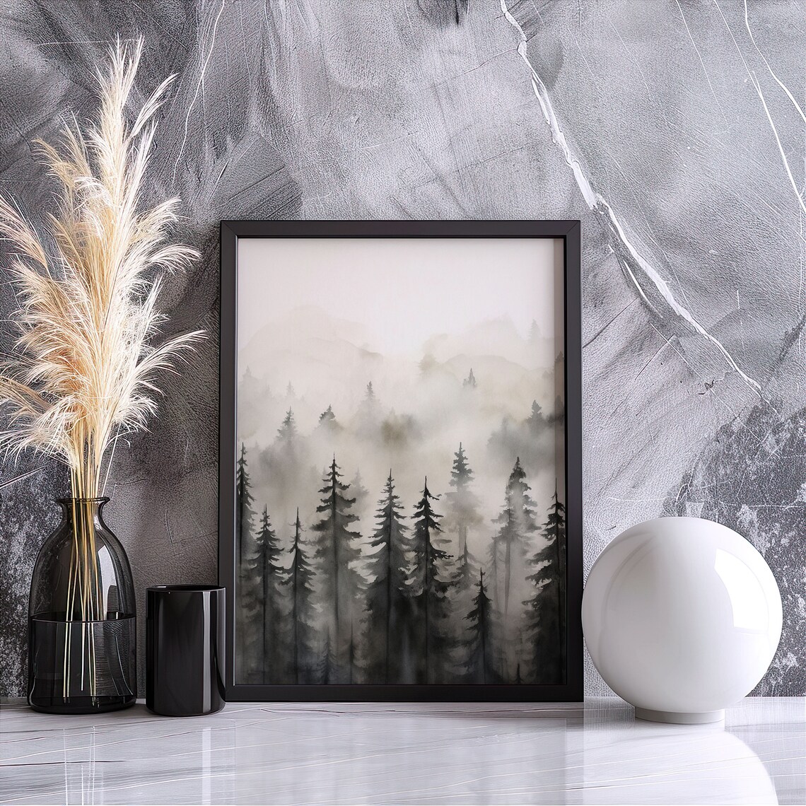 Misty Pine Forest Foggy Watercolor Moody Dark Woodland Art Poster
