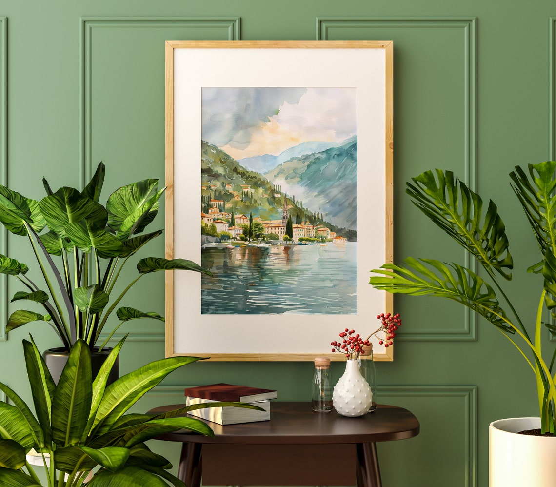 Italian Lakeside Village Watercolor Landscape Travel Art Poster - Image 3
