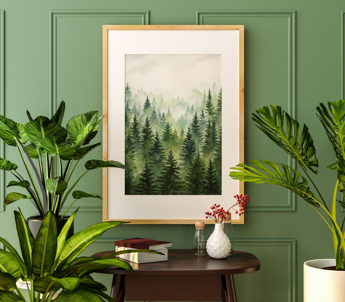 Dense Misty Pine Forest Watercolor Painting Poster for Nature Rooms - Image 3