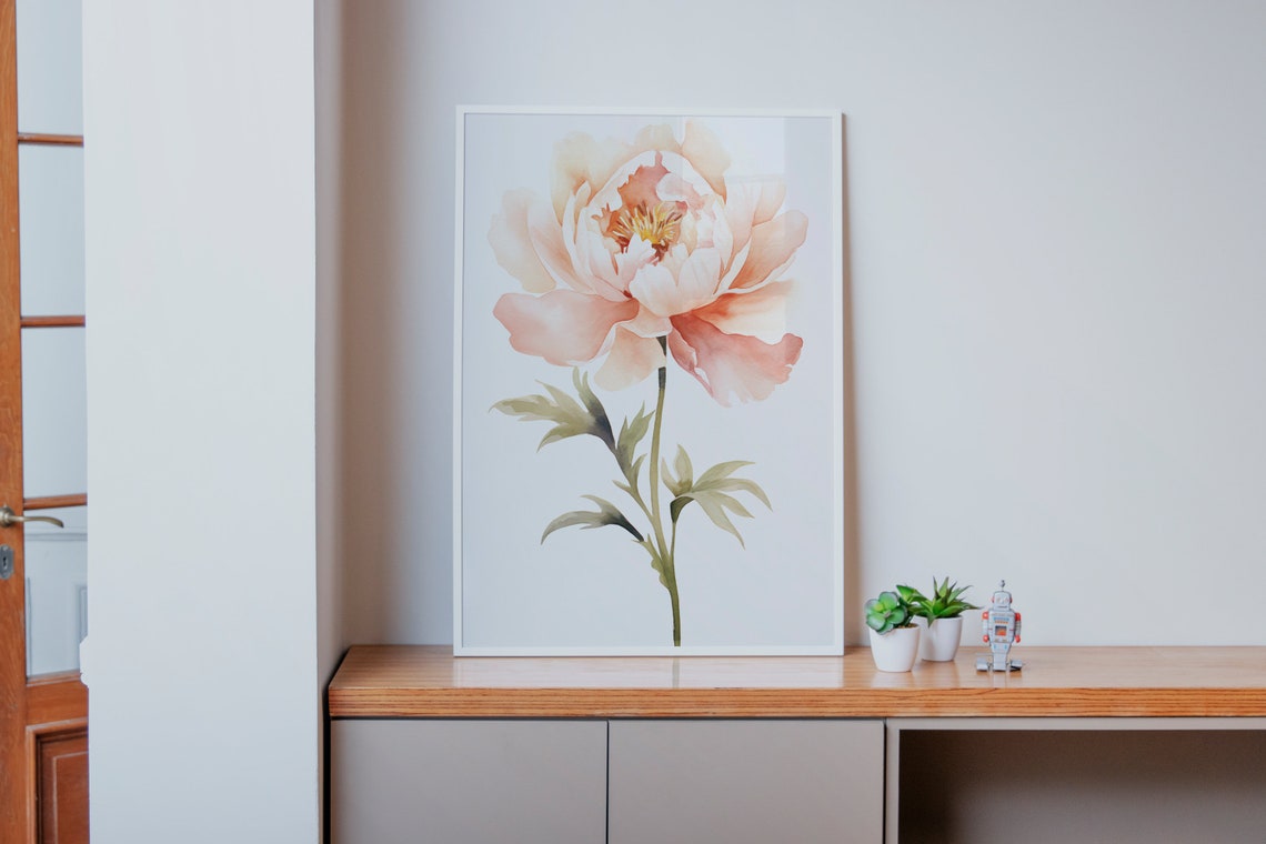 Peach Peony Single Bloom Soft Watercolor Delicate Floral Art Poster - Image 3