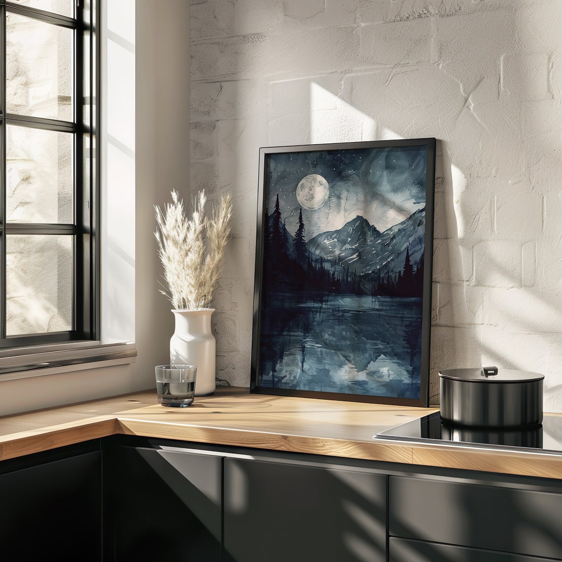 Full Moon Over Mountain Lake Watercolor Starry Night Art Poster - Image 4