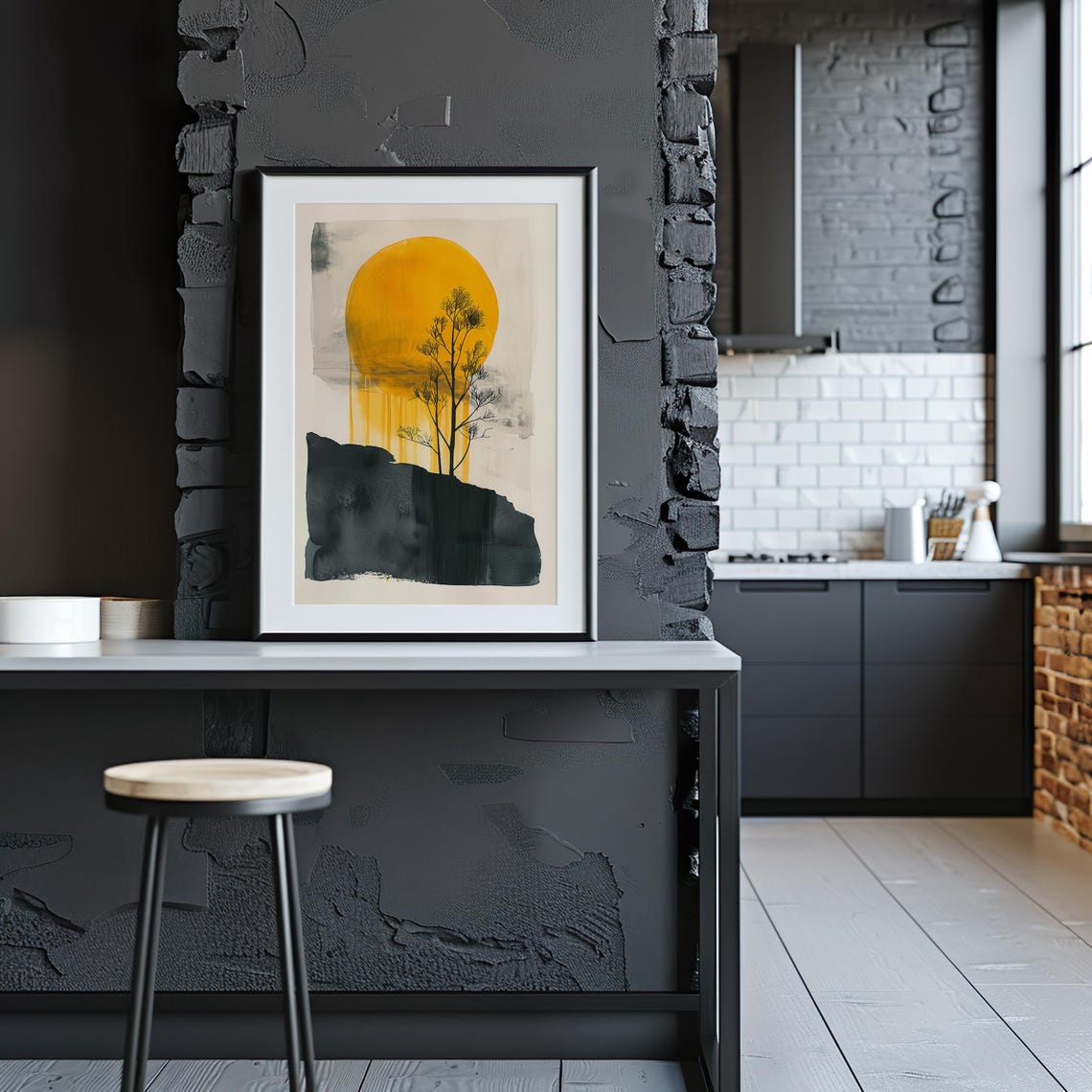 Golden Sun Lone Tree Minimalist Watercolor Art Print with Black Rock - Image 3