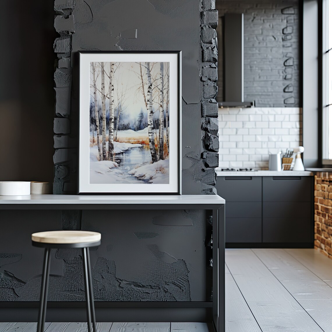 Winter Birch Grove Watercolor Snowy Stream Calm Scene Poster - Image 3