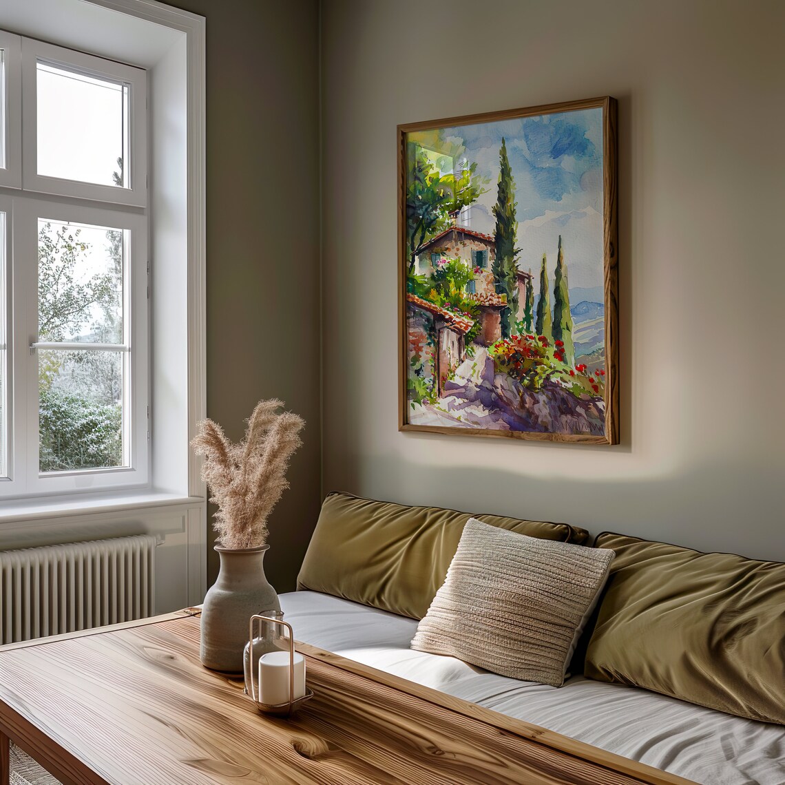 Italian Hillside Villa Watercolor Cypress Trees Flower Art Poster - Image 4
