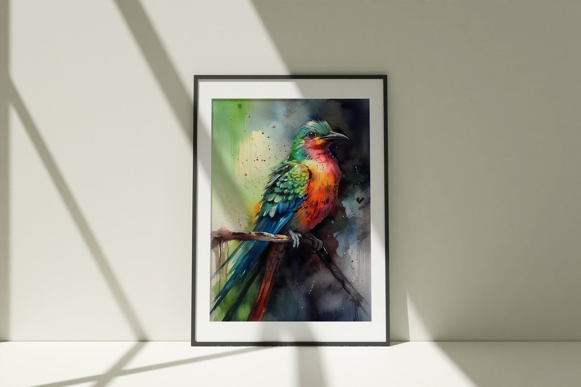 Colorful Tropical Bird Watercolor Perched Songbird Art Poster - Image 4