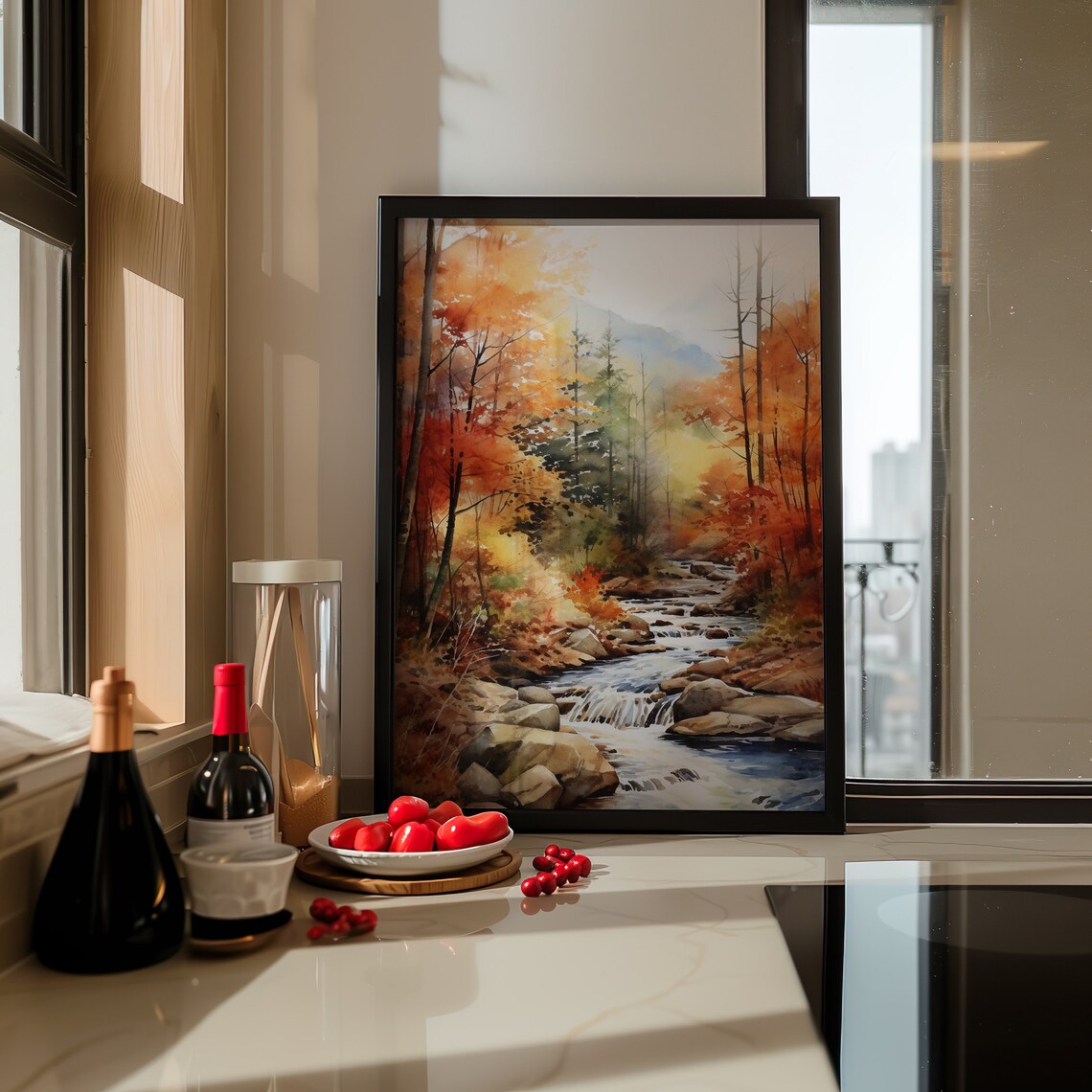 Autumn Forest Stream Rocky Creek Fall Watercolor Landscape Poster - Image 5