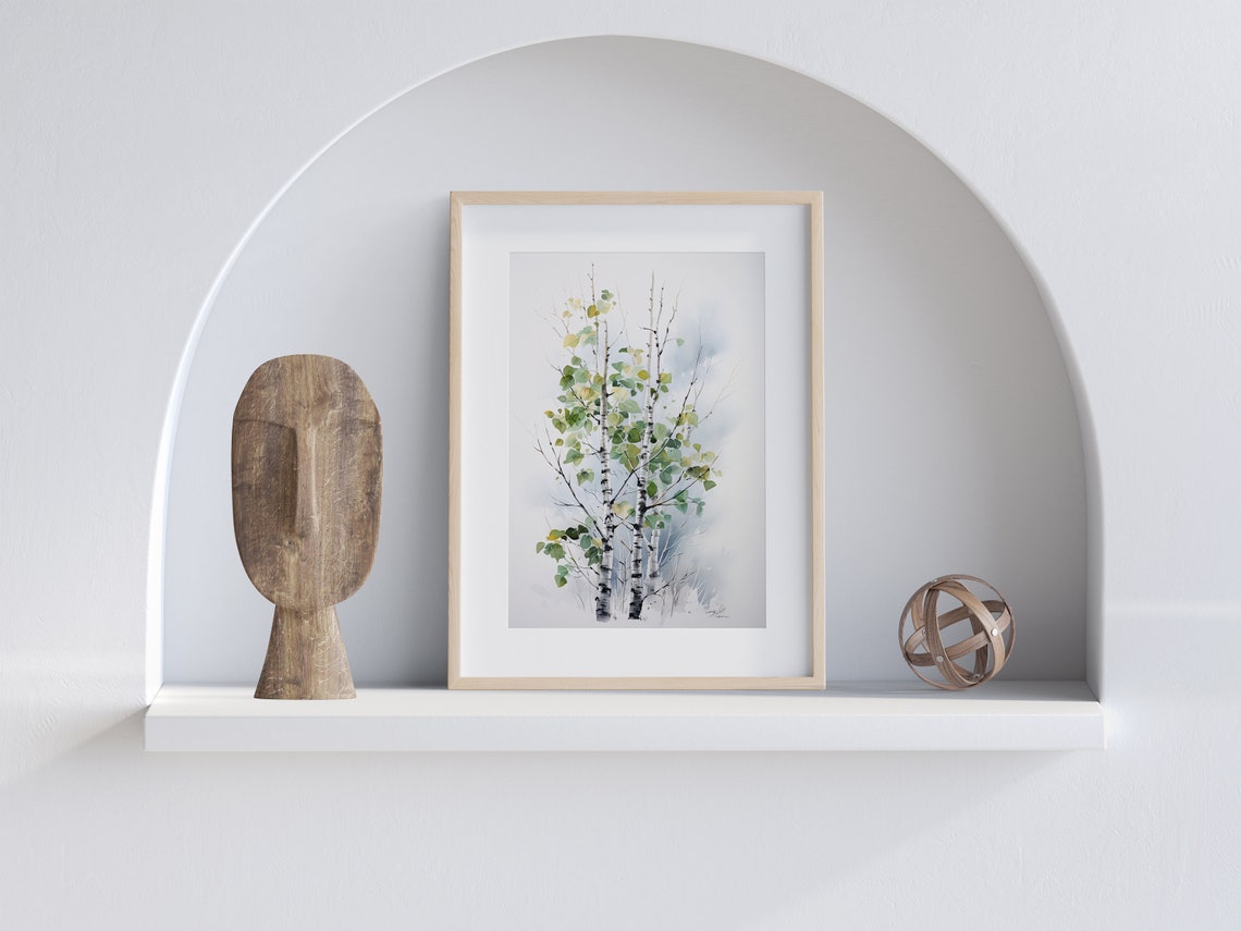 Sunlit Birch Forest Watercolor Green Trees Nature Art Poster - Image 3