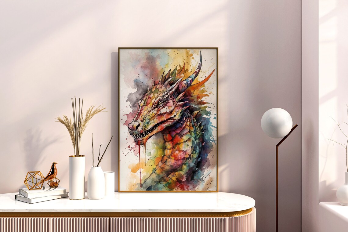 Dragon Watercolor Portrait Fantasy Creature Rainbow Art Poster - Image 5