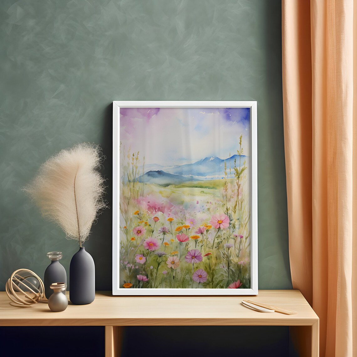 Pastel Wildflower Meadow Watercolor Painting Poster with Soft Mountain Views - Image 5