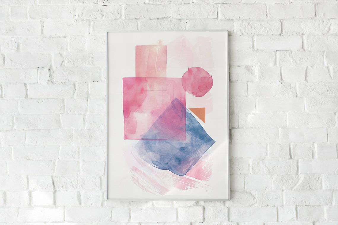 Geometric Shapes Watercolor Pink Blue Modern Abstract Art Poster - Image 3