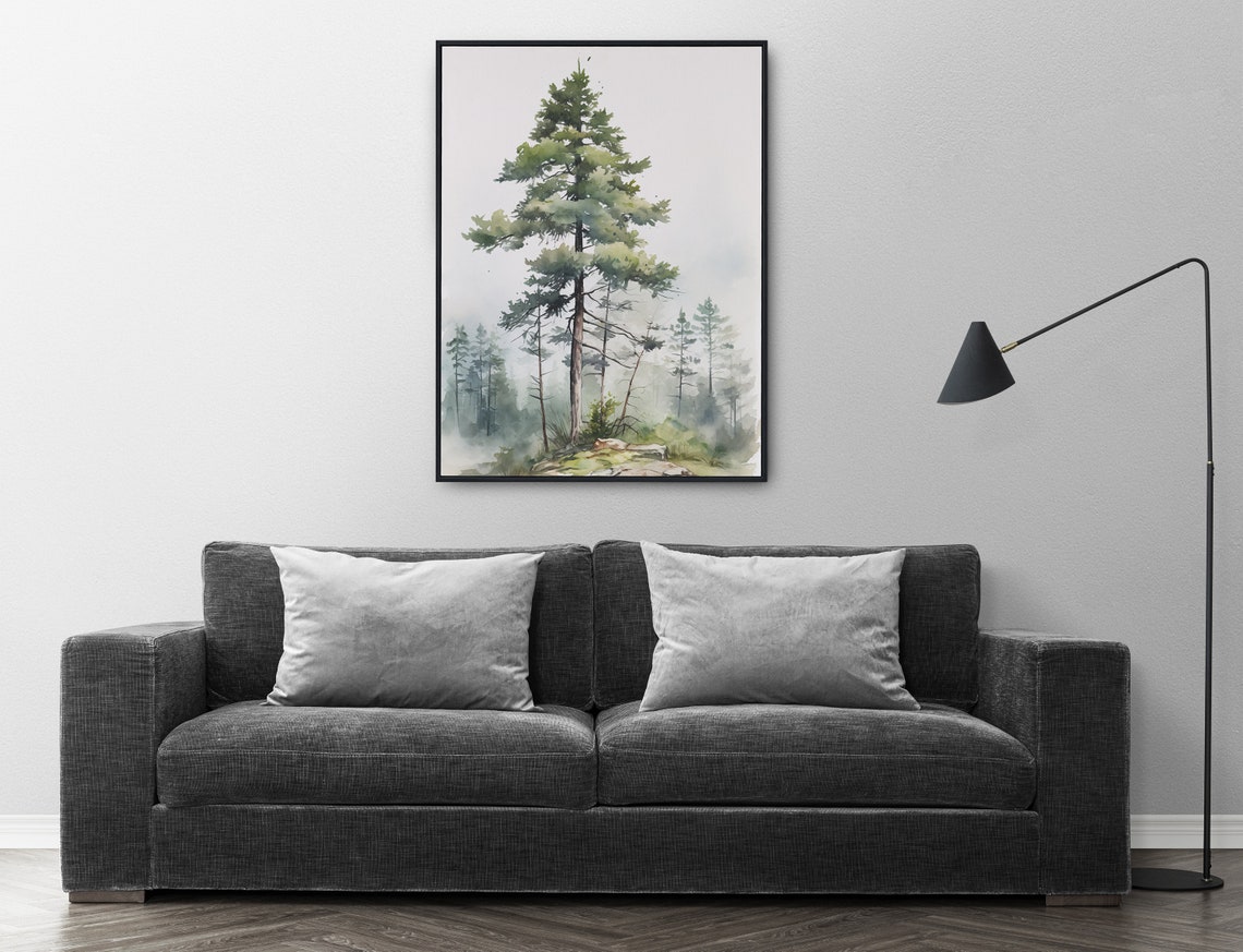 Lone Pine Tree Rocky Hillside Misty Watercolor Forest Art Poster - Image 3