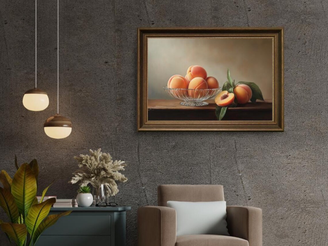 Still Life Peach Painting, Elegant Kitchen Wall Art