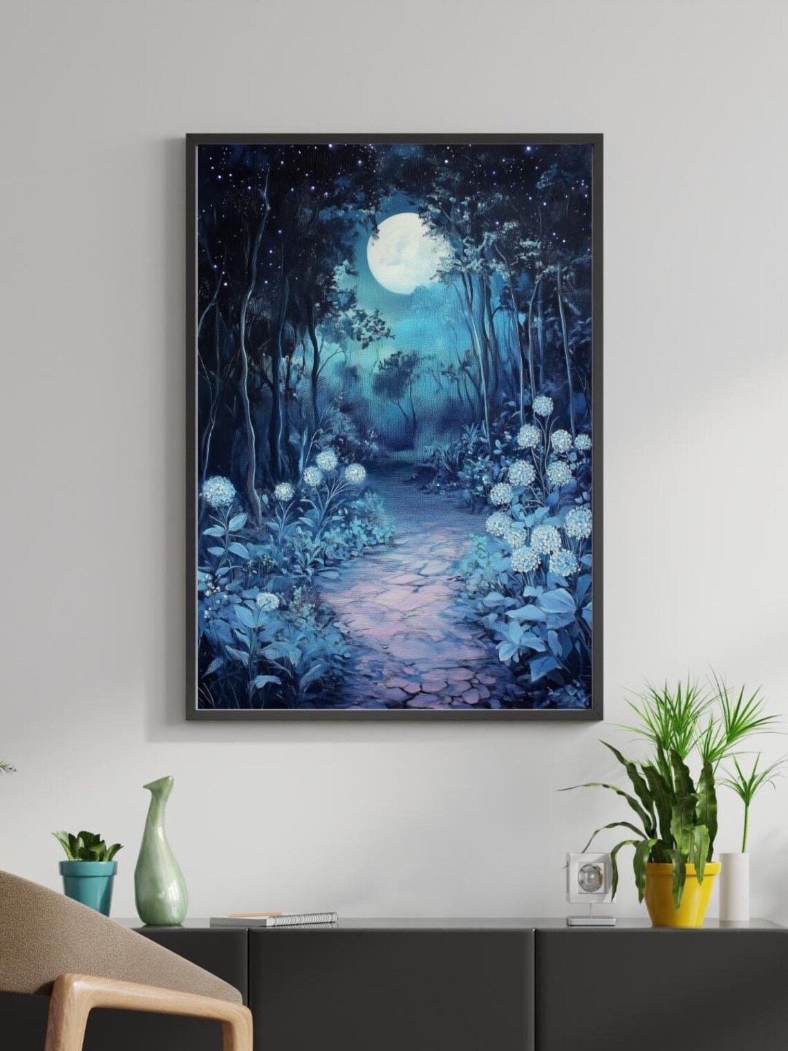Moonlit Enchanted Garden Path, Mystical Night Forest Art Print - Image 4