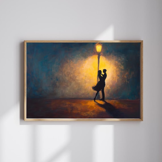 Romantic Couple Kiss Under a Streetlight Intimate Night Silhouette Art Poster
