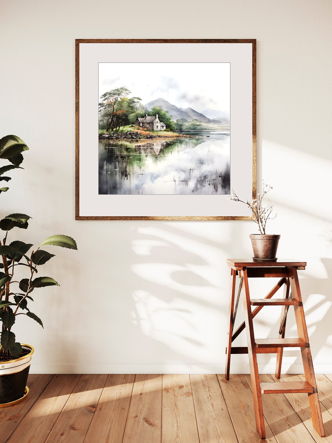 Ireland Stone Cottage Lake Reflection Misty Mountains Art Poster - Image 2