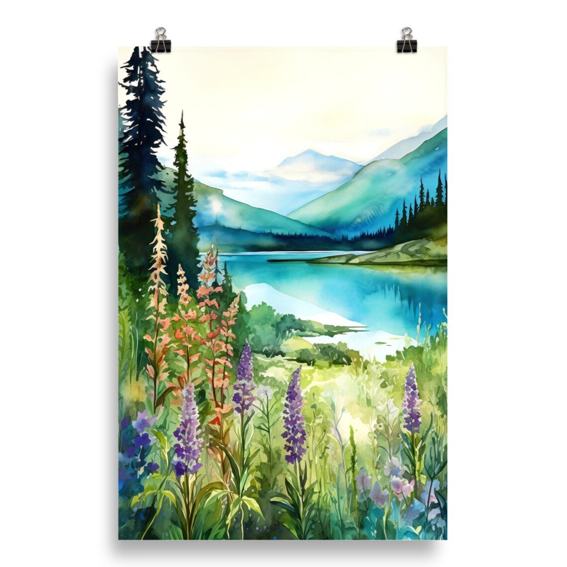 Mountain Lake Wildflowers Lupine Meadow Pine Forest Watercolor Poster - Image 5