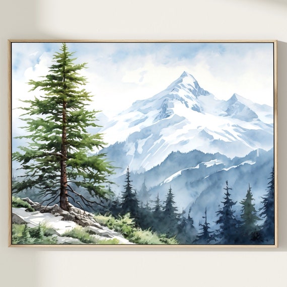 Mountain Landscape Watercolor Painting Art Print Mountains Landscape Large Wall Art Pine Forest Painting