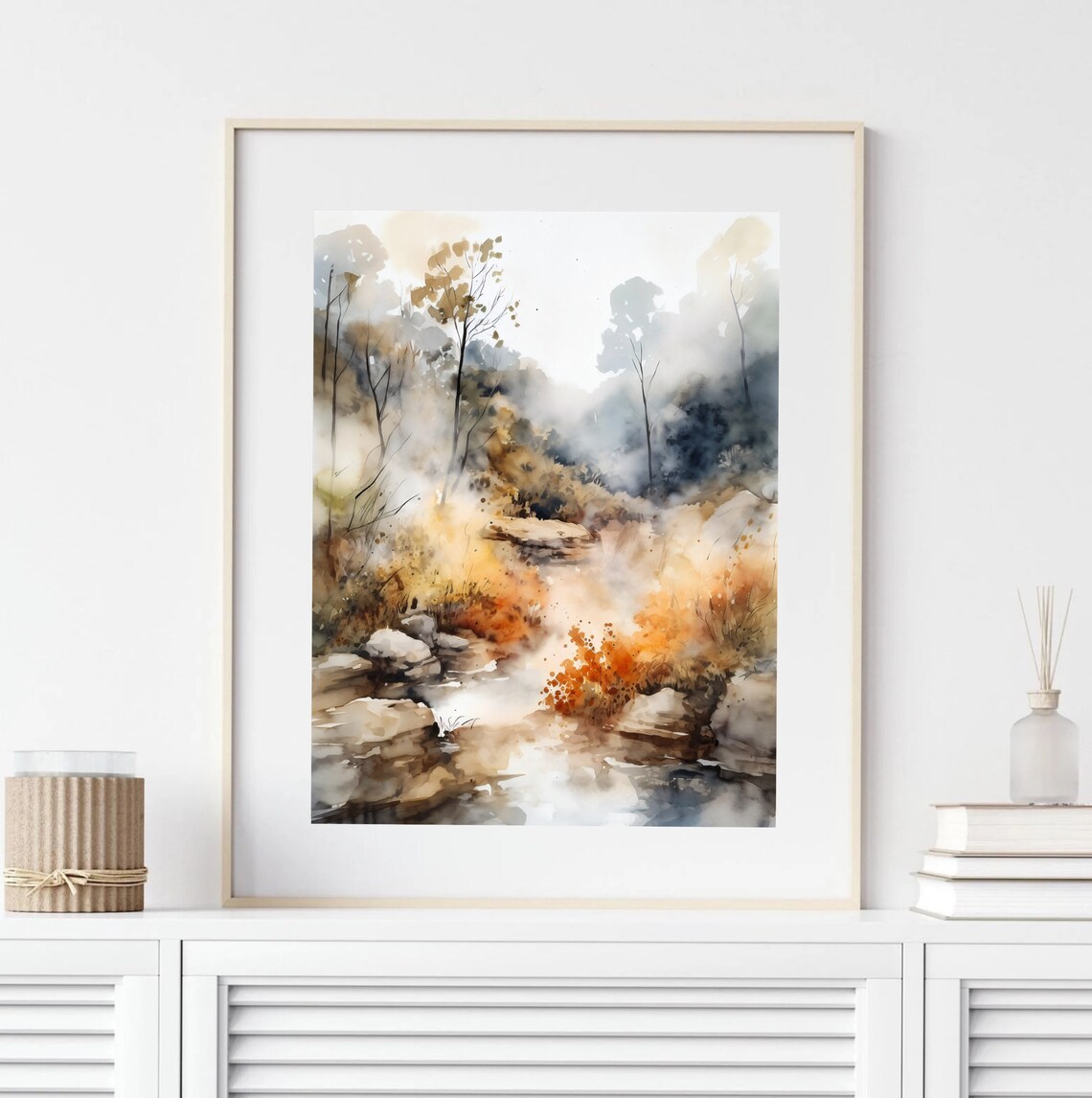 Abstract Autumn Creek Orange Splashes Misty Watercolor Art Poster - Image 2