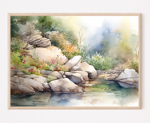 Watercolor Pond In A Forest Art Print Nature Landscape Scenes Home Decor Gift