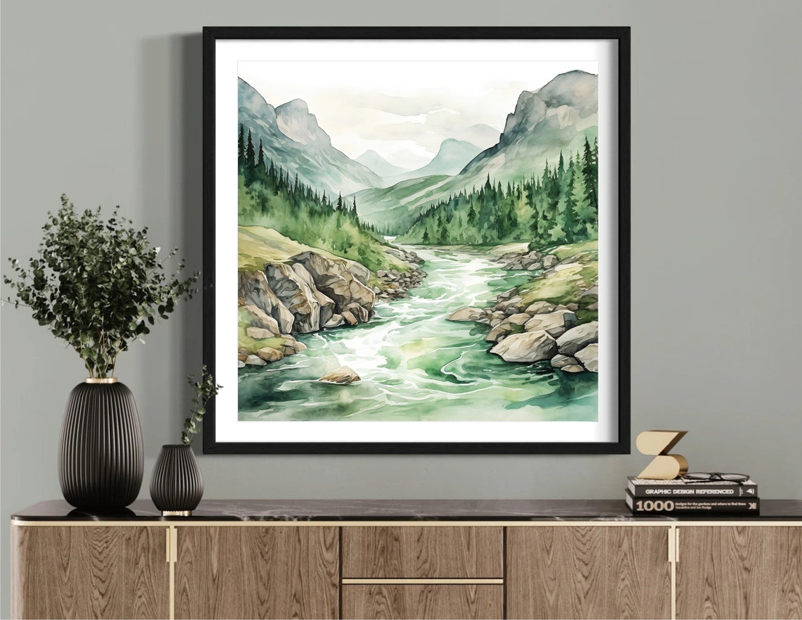 Green River Valley Misty Mountains Evergreen Watercolor Poster - Image 5