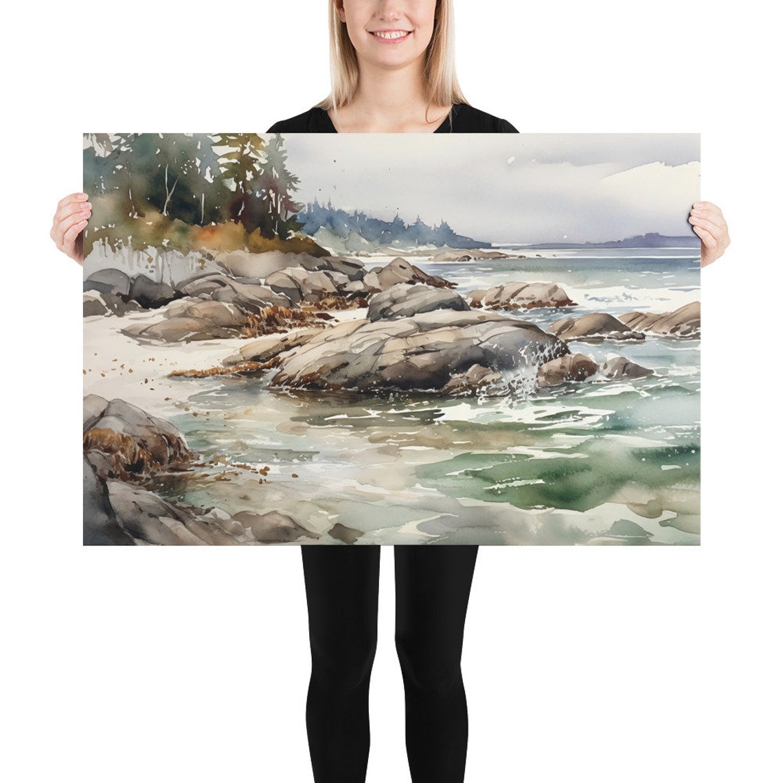 Rocky Shore Waves Crashing on a Pine Coast Watercolor Poster - Image 5