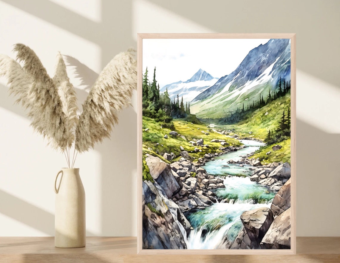 Mountain River Painting Print Mountain Landscape Wall Art Home Decor Gift - Image 2