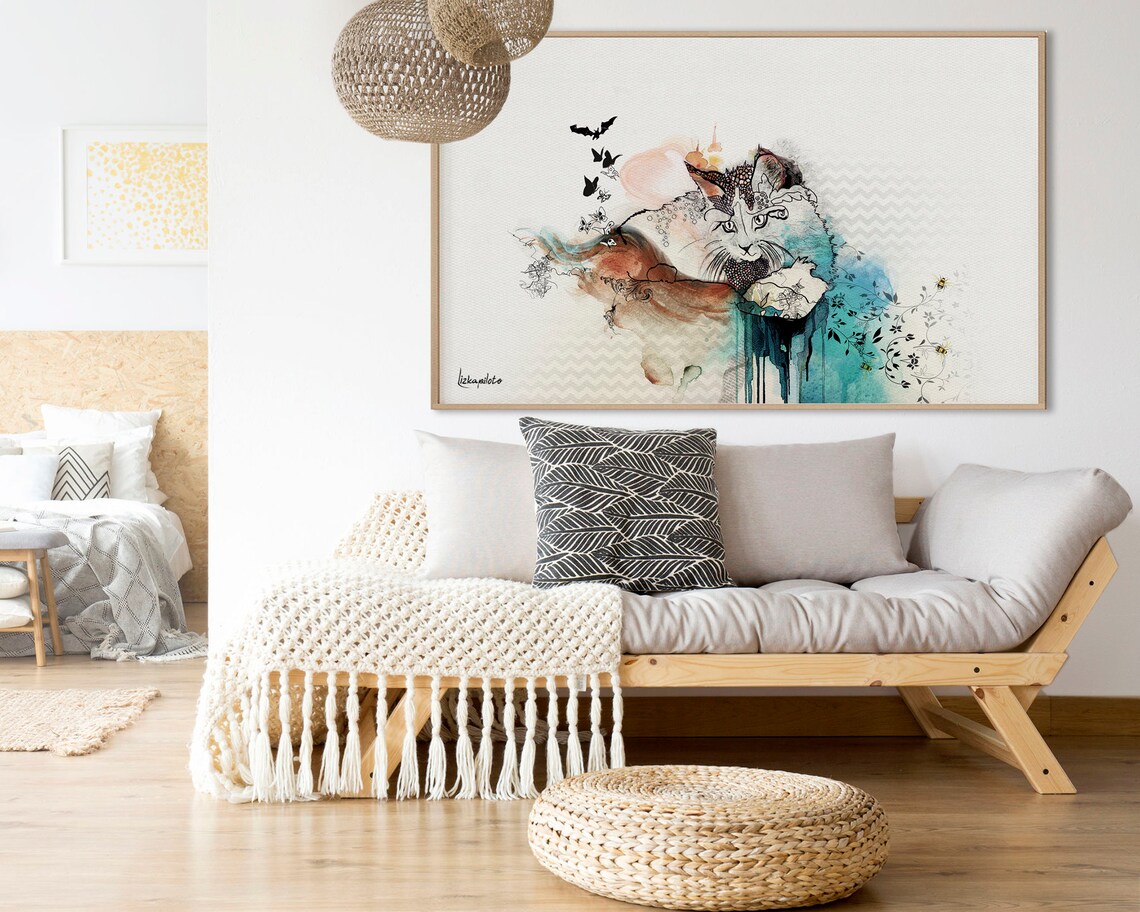 Cat Watercolor Painting, Large Living Room Art Print - Image 2
