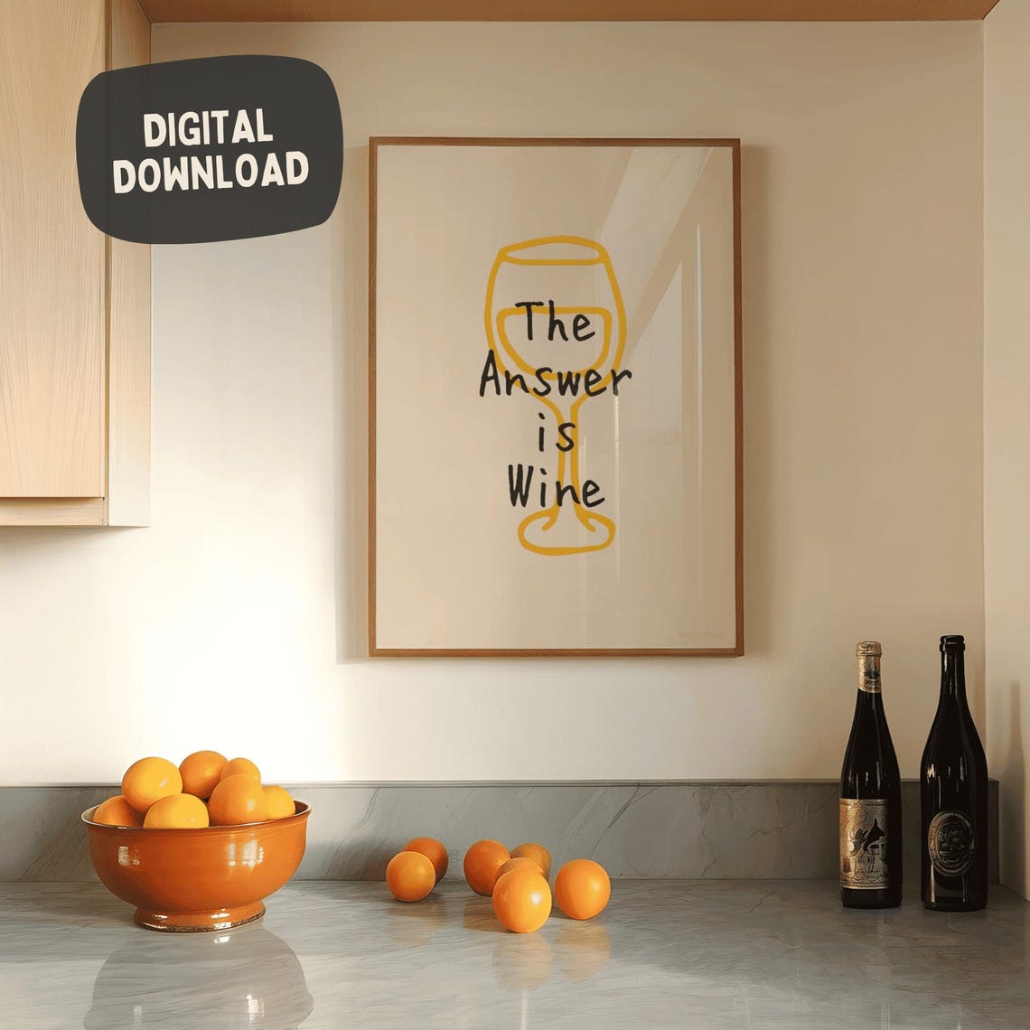 The Answer Is Wine Yellow Wine Glass Line Art Funny Kitchen Poster
