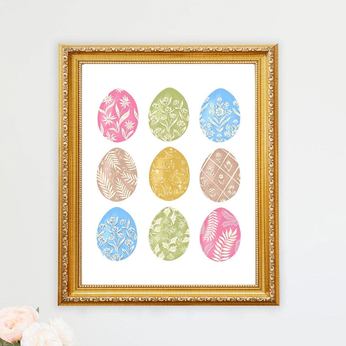 Nine Pastel Decorated Easter Eggs in Grid Pattern Art Poster