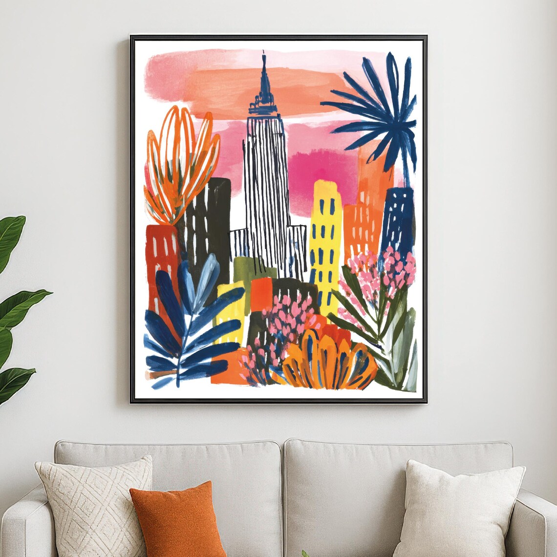 New York City Skyline Botanical Art Poster Empire State Colorful Gouache