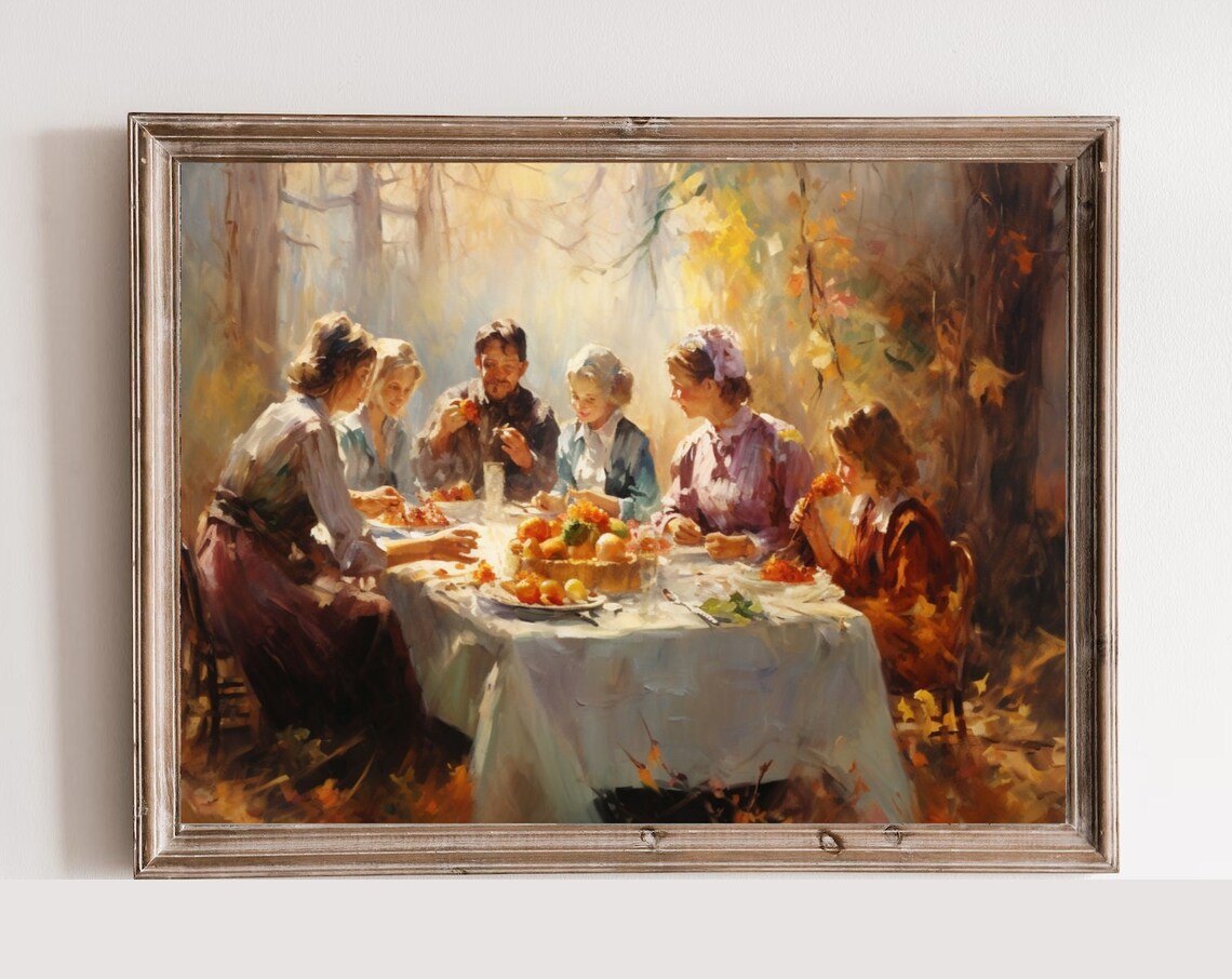 Family Autumn Harvest Feast Warm Golden Forest Oil Painting Poster