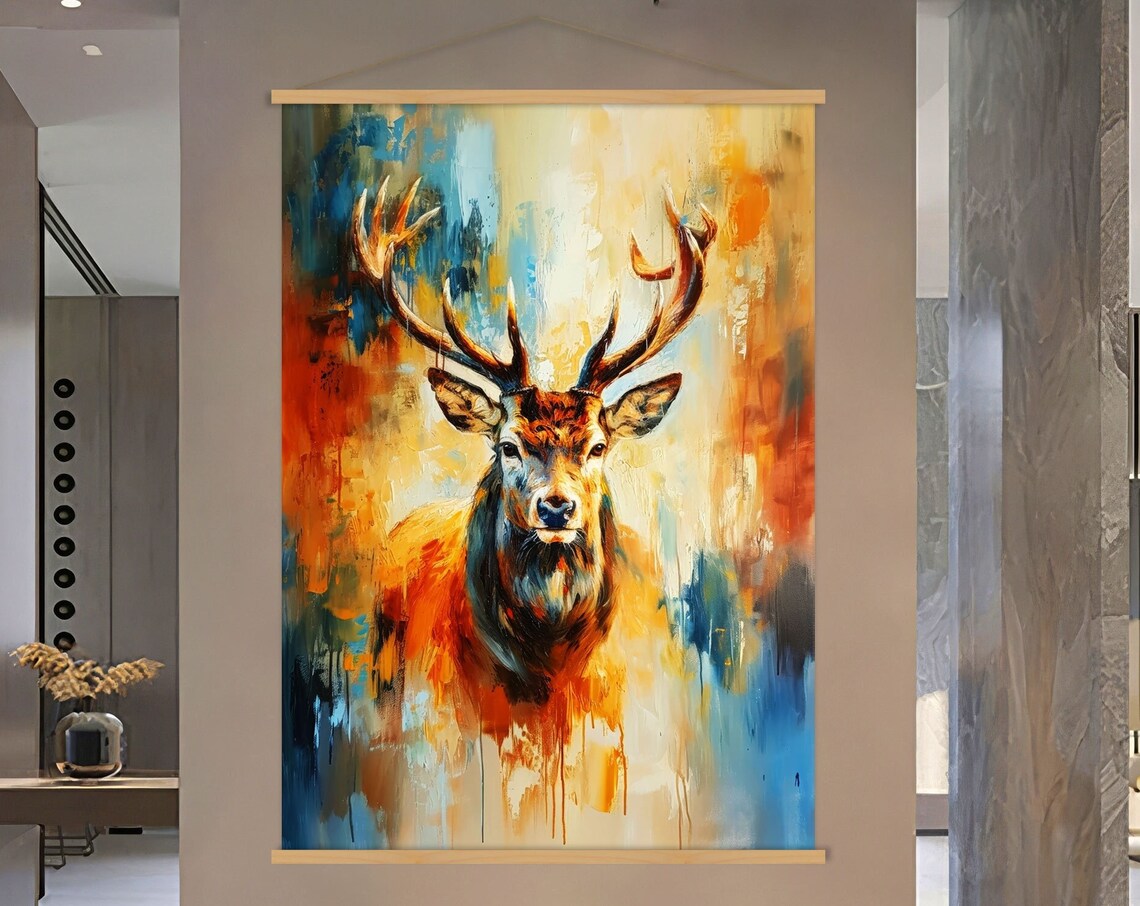 Warm Abstract Stag Portrait Poster with Golden Hues and Blue Accents