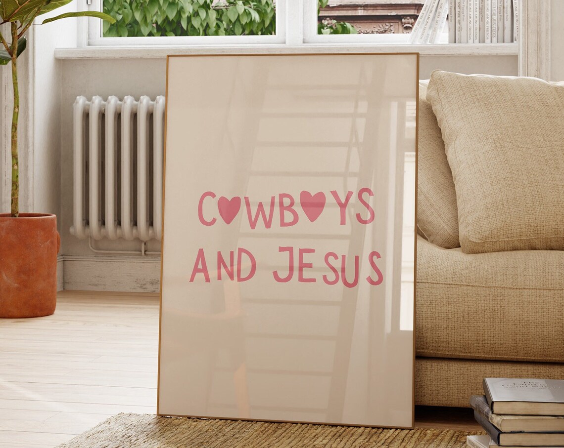 Cowboys and Jesus Pink Hand Lettered Christian Western Quote Poster - Image 3