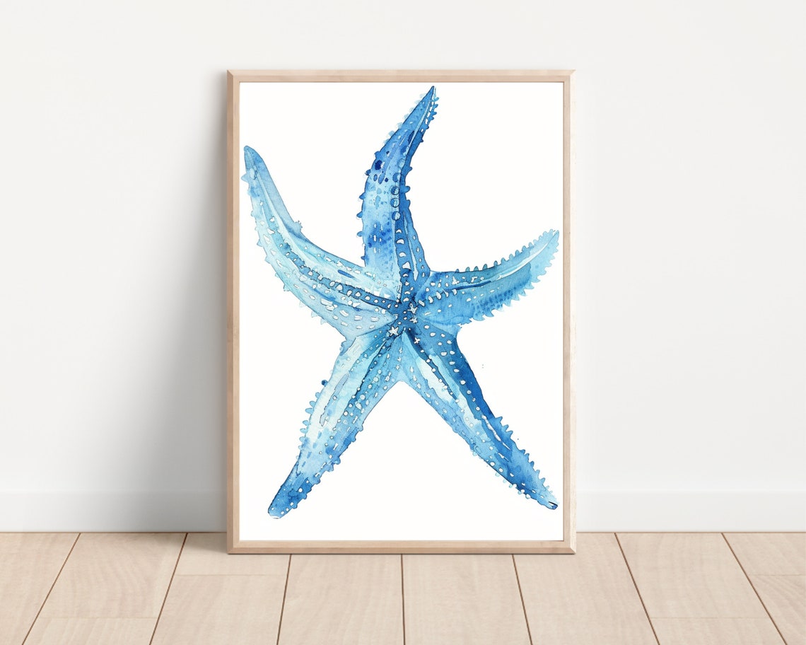 Blue Starfish Watercolor Minimalist Ocean Sea Animal Wall Art Poster - Image 2